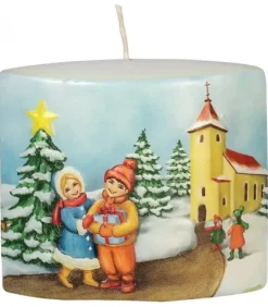 Bougie De Noël Vintage Scene Enfant Et Village