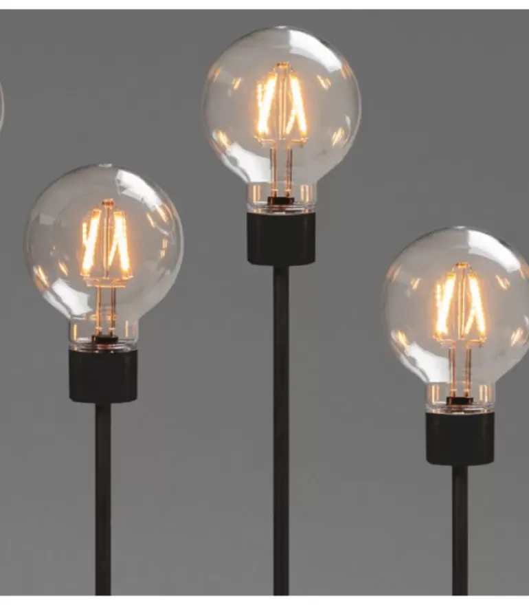 Chandelier Led 5 Ampoules Rondes Ambrees En Metal Noir, 54 Cm