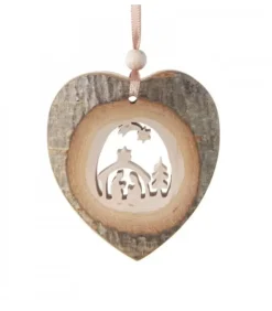 Coeur En Bois A Suspendre Motif Cisele Crèche Et Etoile, 7 Cm