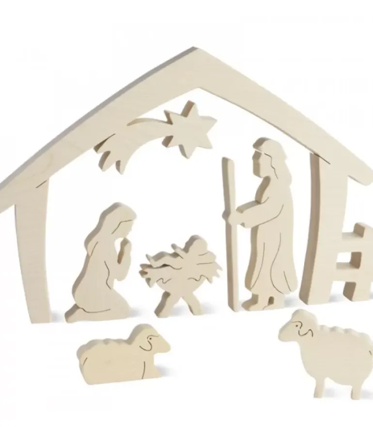 Crèche De Noël Avec Nativite, Bois Naturel, 15 Cm
