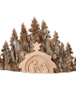 Crèche De Noël Taillee Dans Une Ecorce De Bois, Motif Etable, 20 Cm