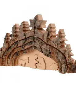 Crèche De Noël Taillee Dans Une Ecorce De Bois, Motif Grotte, 20 Cm