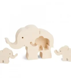 Elephant En Bois Avec Deux Bebes Elephants, 8,5 Cm