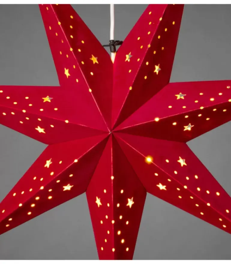 Etoile Lumineuse 7 Branches En Papier Velours Rouge A Suspendre, 60 Cm