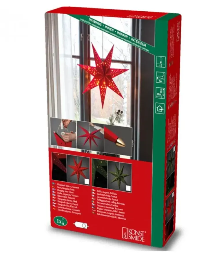 Etoile Lumineuse 7 Branches En Papier Velours Rouge A Suspendre, 60 Cm