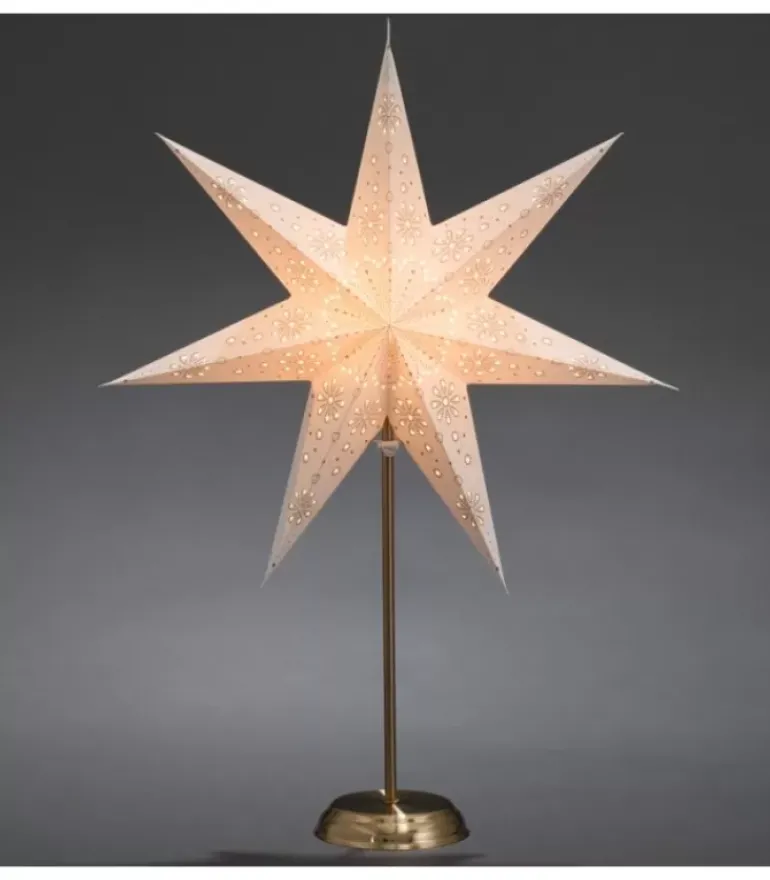Etoile Lumineuse Electrique 7 Branches En Papier, Blanche, Sur Pied Laiton, 48 Cm