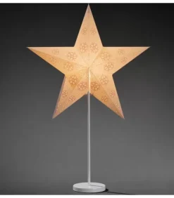 Etoile Lumineuse Electrique 5 Branches En Papier, Blanche, Sur Pied Blanc, 46 Cm