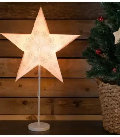 Etoile Lumineuse Electrique 5 Branches En Papier, Blanche, Sur Pied Blanc, 46 Cm