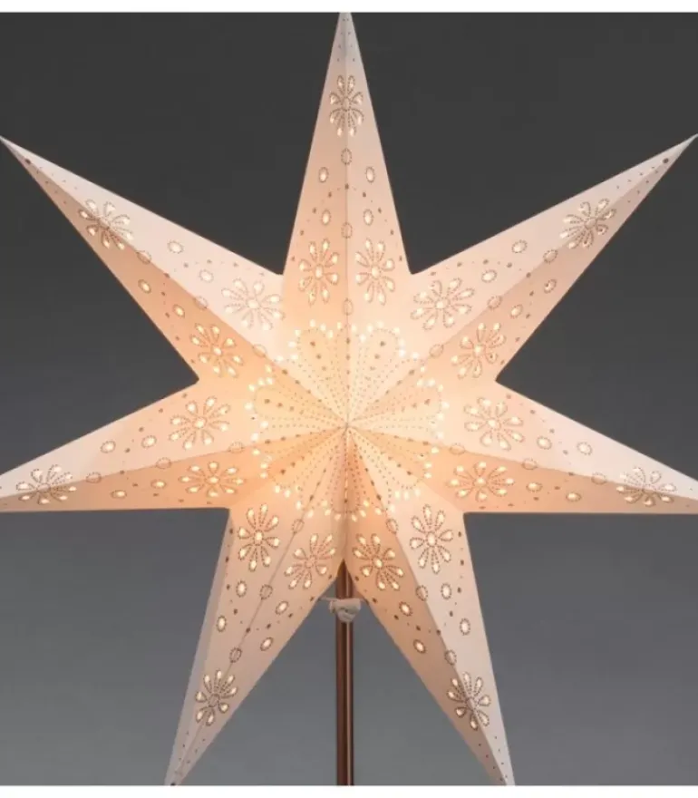 Etoile Lumineuse Electrique 7 Branches En Papier, Blanche, Sur Pied Cuivre 48 Cm