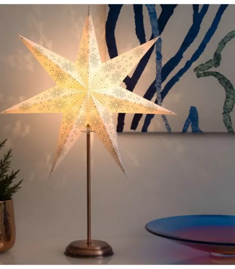 Etoile Lumineuse Electrique 7 Branches En Papier, Blanche, Sur Pied Cuivre 48 Cm