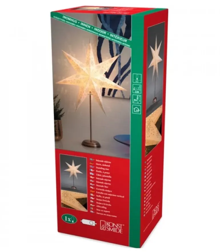 Etoile Lumineuse Electrique 7 Branches En Papier, Blanche, Sur Pied Cuivre 48 Cm
