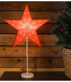 Etoile Lumineuse Electrique 5 Branches En Papier, Rouge, Sur Pied Blanc, 46 Cm