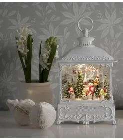 Lanterne De Noël Blanche, 4 Bonshommes De Neige Avec Oiseaux