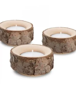 Lot De 3 Bougeoirs En Bois Avec Ecorce, 9 Cm