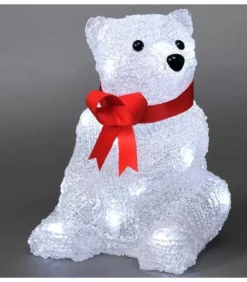 Ours Lumineux A Led En Acrylique Avec Ruban Rouge, 18 Cm