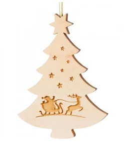 Pendentif Sapin De Noël En Bois, Père Noël Et Traineau