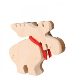 Petit Elan En Bois Avec Noeud Rouge 8 Cm