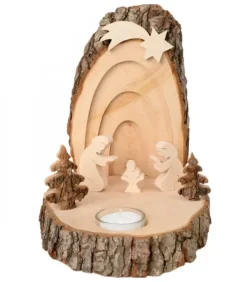 Petite Crèche De Noël En Ecorce De Bois Avec Sapins Et Bougeoir