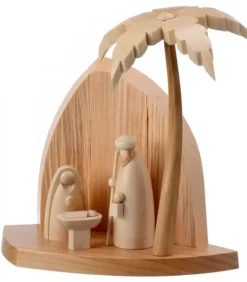 Petite Crèche Moderne En Bois Avec Un Palmier Et La Nativite