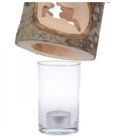 Photophore En Bois Avec 2 Motifs En Bois Cisele, Renne