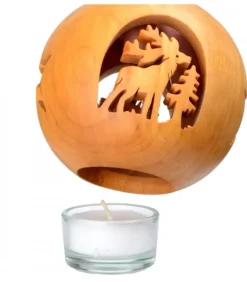 Photophore En Bois Forme Spherique, Motif Cerf En Foret