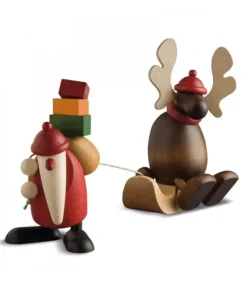 Père Noël En Bois Avec Elan Sur Luge