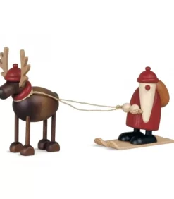 Père Noël En Bois Sur Ski Et Renne