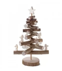 Sapin De Noël En Bois 29 Cm Avec Etoiles Et Anges