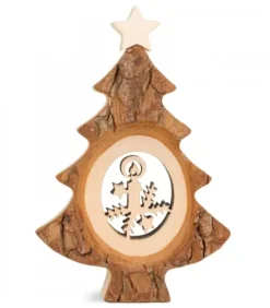 Sapin De Noël En Bois Avec Père Noël Et Luge Cisele, 12 Cm